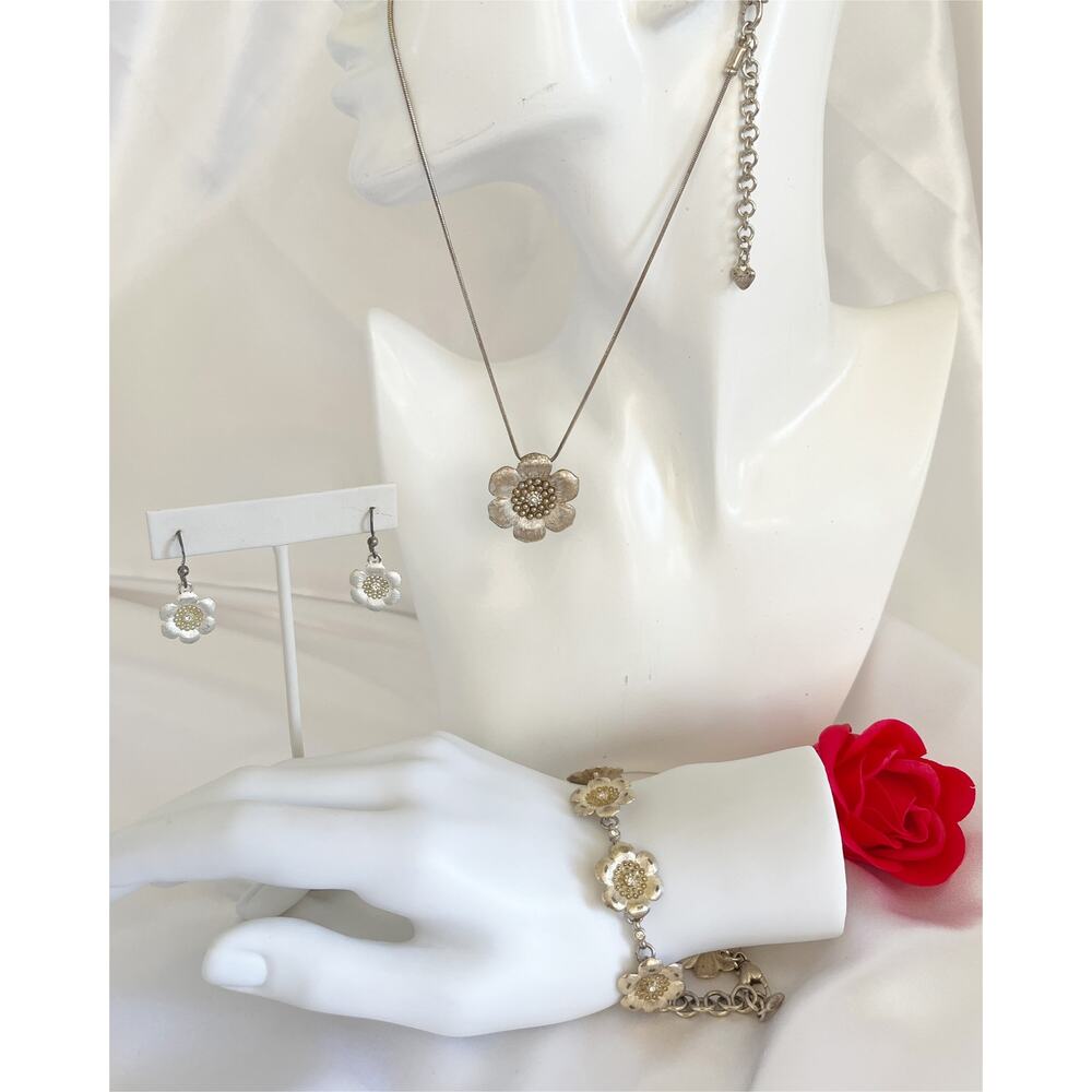 BRIGHTON 3 Piece Vintage  Floriana Silver Flower Necklace Bracelet Earring Set